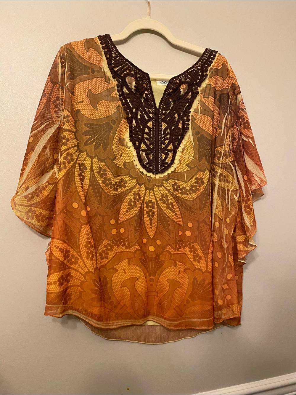 Cato Orange and Brown Crochet-Trim Floral Blouse